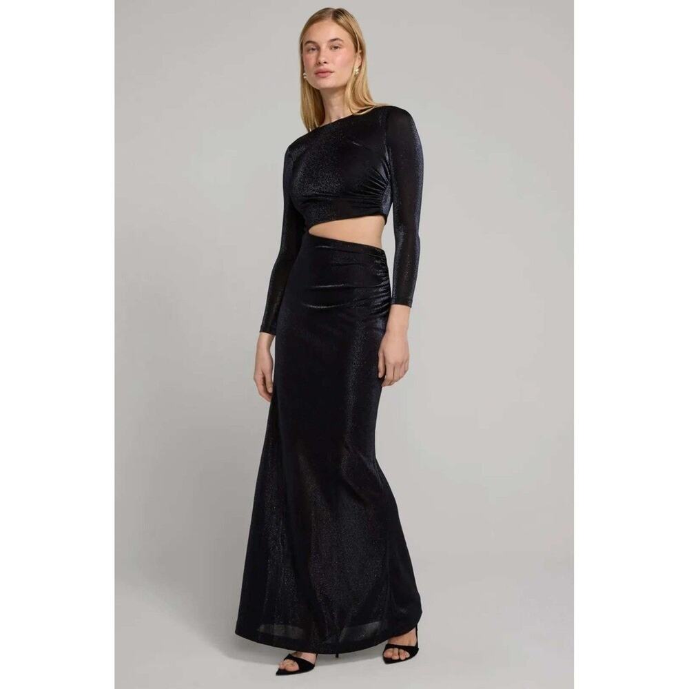 Dress The Population Womens Navy Blue Shimmer Metallic Cutout Maxi Dress Size M
